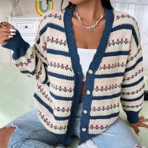 SHEIN Blue and Cream Floral Knit Cardigan